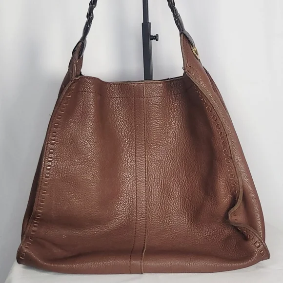 Lucky Brand Brown Pebbled Leather Hobo Bag Braided Strap Slouchy Shoulder Purse - Picture 5 of 12